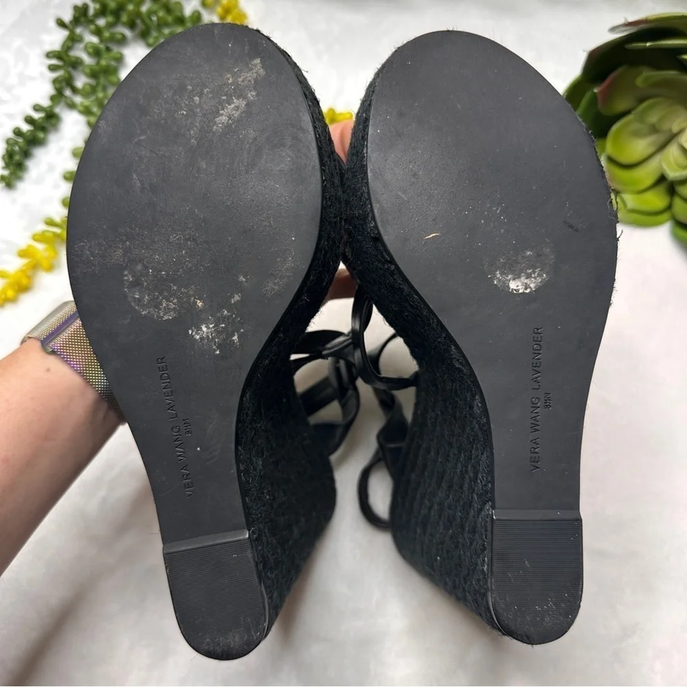 Vera Wang Lavender Leather Jute Criss Cross Espadrille Style Wedges in Black 8.5